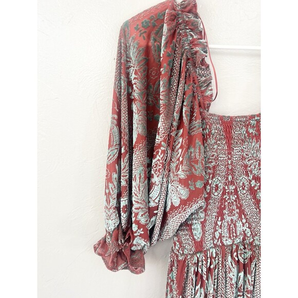 Fate Curve Women's Brick Red/Teal Burnout Velvet Midi Maxi Dress Size Small - Picture 6 of 13